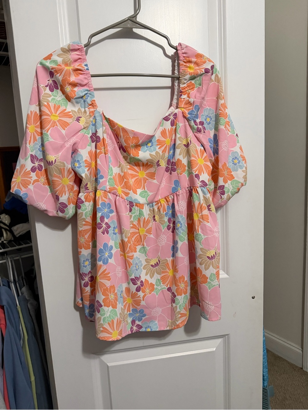 Floral Puff-Sleeve Peasant Top - Pink Multi